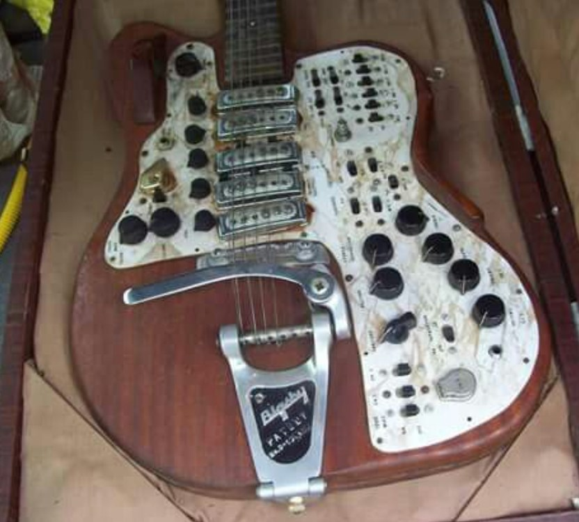 Guitar Modification Goes Too Far: Button-covered synth-guitar with a Bigsby